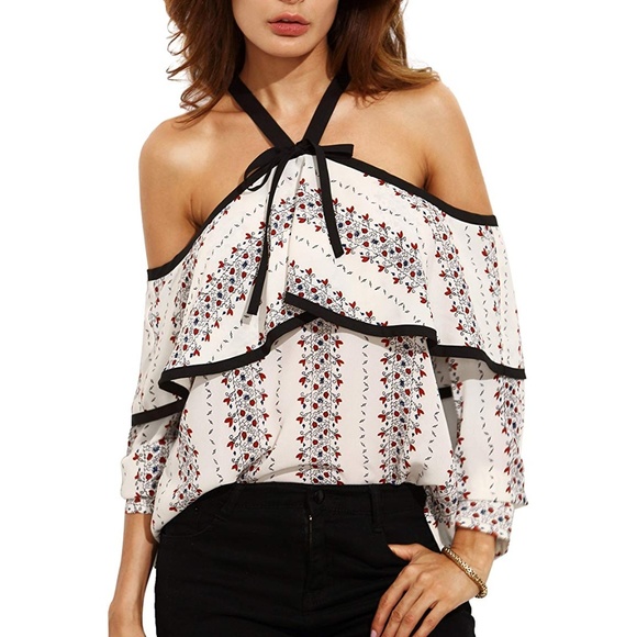 ❗️SOLD❗️Printed Bow Neck Off the Shoulder Top - Picture 1 of 5